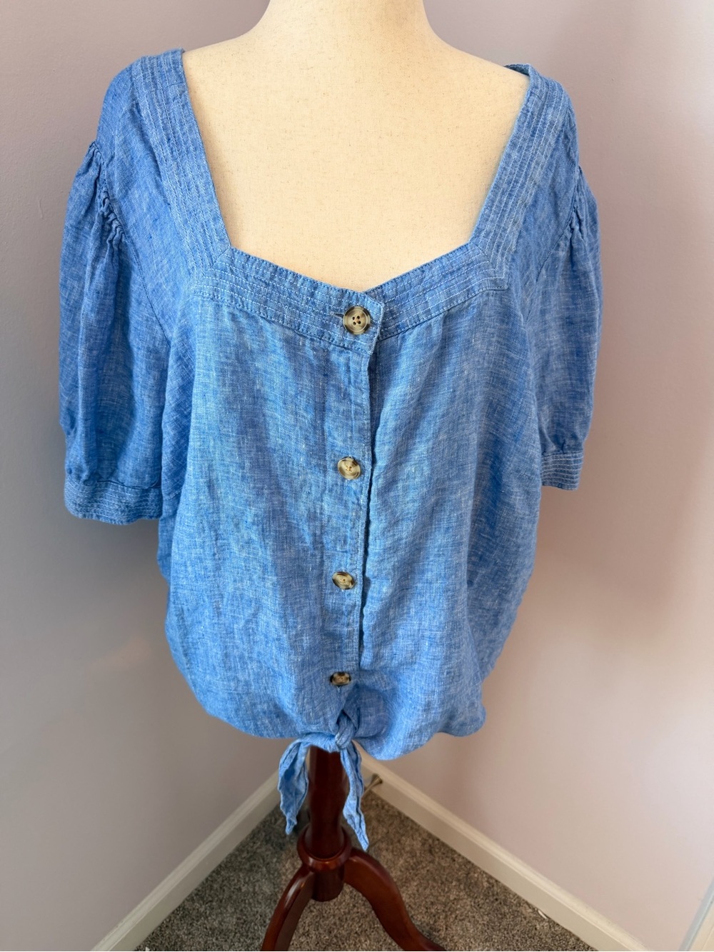 Talbots Plus 3X 100% Linen Blue Tie Front Button Blouse Cottage Coastal